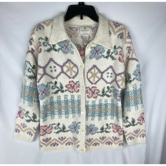 VTG Express Cardigan Women XS Cream Tricot Hand Knit Silk Angora Cottage Soft - Picture 1 of 9